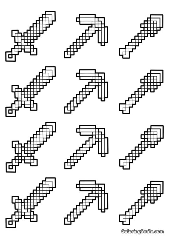 Меч, кирка та лопата Minecraft - Розмальовка