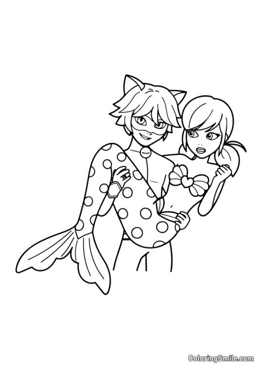 Русалка Сонечко в обіймах Кота Нойра - Розмальовка