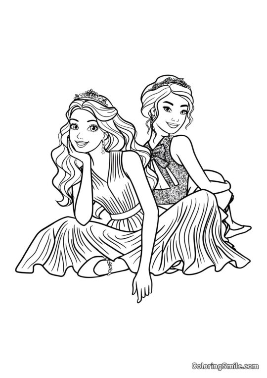 Барбі з подругою сидять на підлозі - Розмальовка