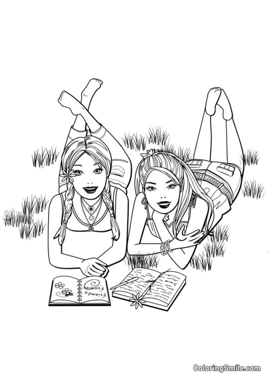 Барбі читає книги на природі - Розмальовка