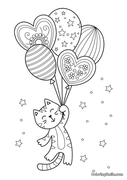Кішка з повітряними кульками для листівки Кішка з повітряними кульками для листівки - Розмальовка