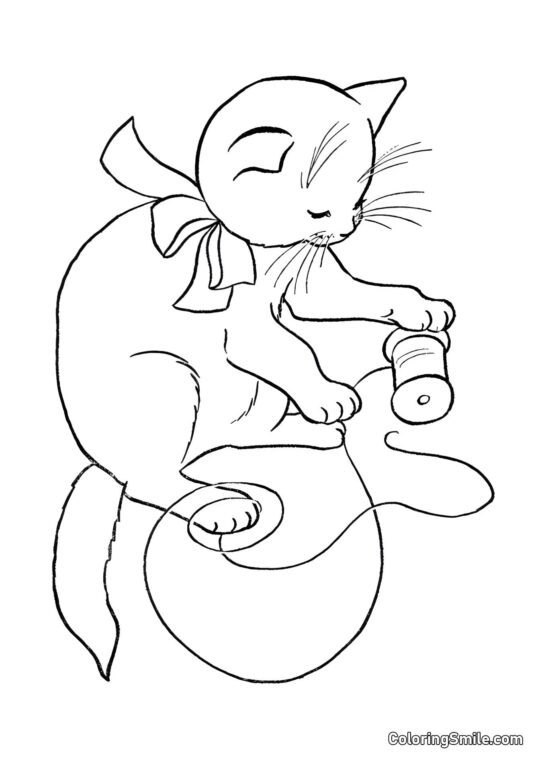 Кішка грає зі шнурками Кішка грає зі шнурками - Розмальовка