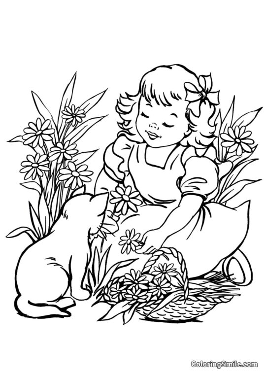 Кішка та дівчинка, що збирають ромашки Кішка та дівчинка, що збирають ромашки - Розмальовка