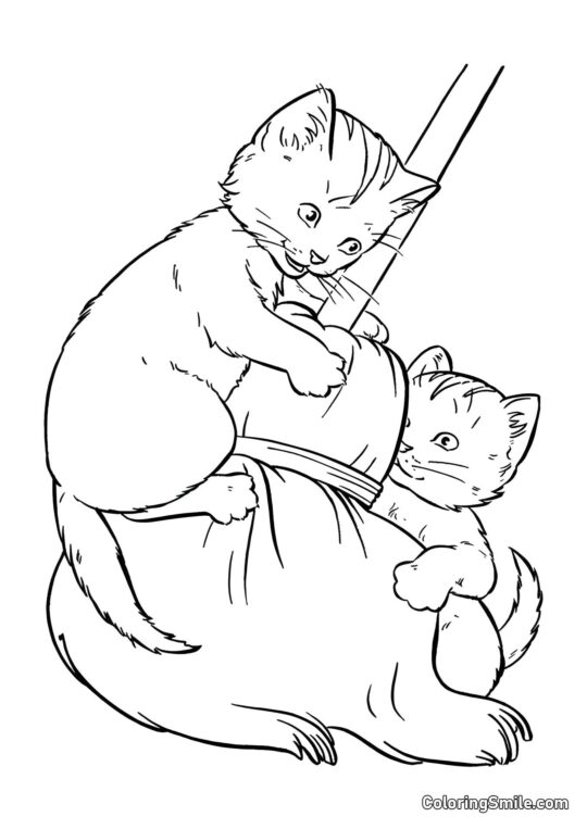Два кошеня грають з мітлою Два кошеня грають з мітлою - Розмальовка