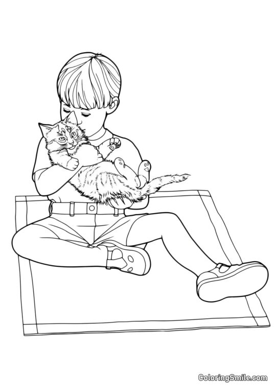 Кошеня грає з хлопчиком Кошеня грає з хлопчиком - Розмальовка