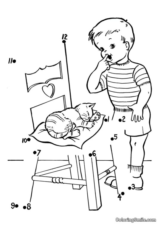 Кішка спить на подушці – З’єднай крапки! Кішка спить на подушці – З’єднай крапки! - Розмальовка