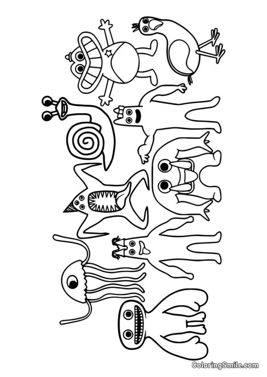 Персонажі дитячого садка Банбан 2 і 3 разом - Розмальовка