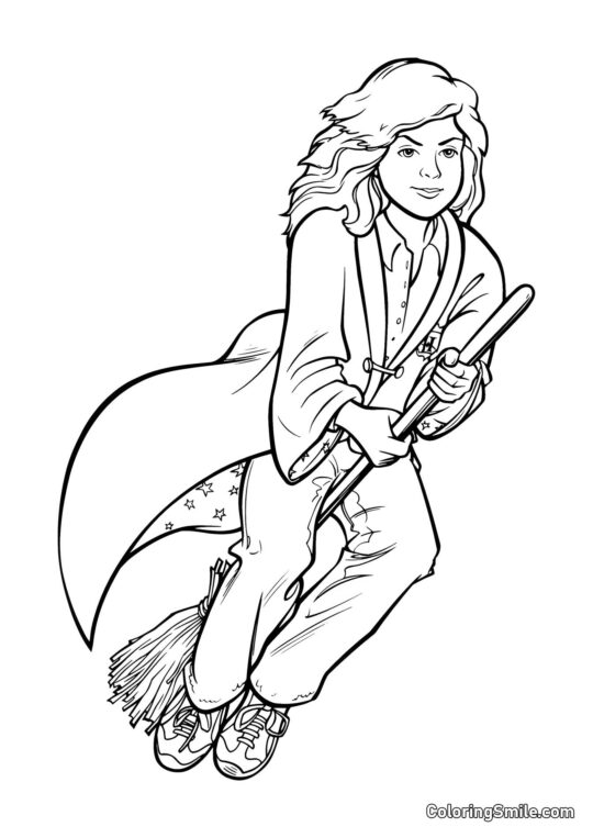 Мультяшна Герміона на мітлі - Розмальовка