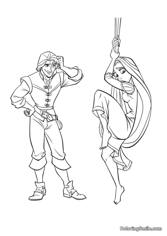 Рапунцель спускається на волосся з Флінном - Розмальовка