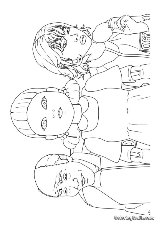 Лялька та гравці Гри в кальмара - Розмальовка